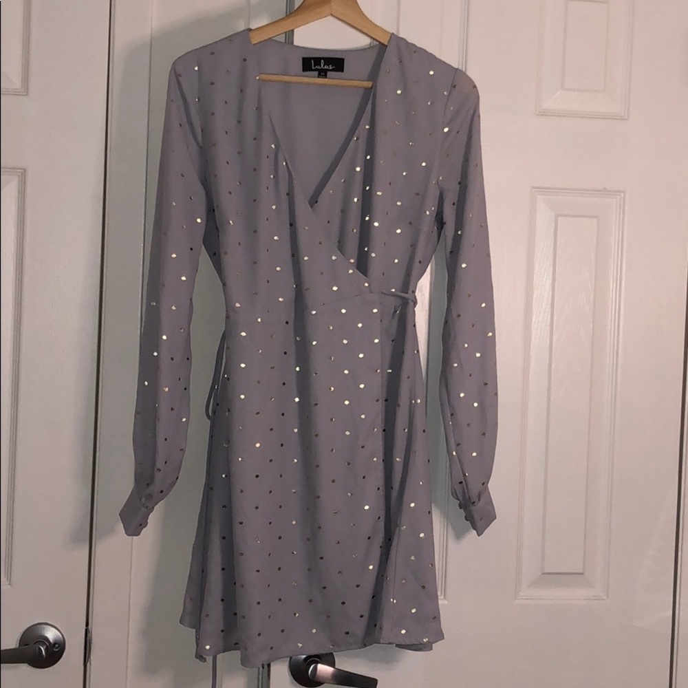 LuLus Long Sleeve Pale Blue Gold polka dots dress